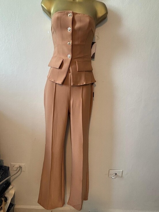 Pants - Strapless Tailored Jumpsuit in Camel
